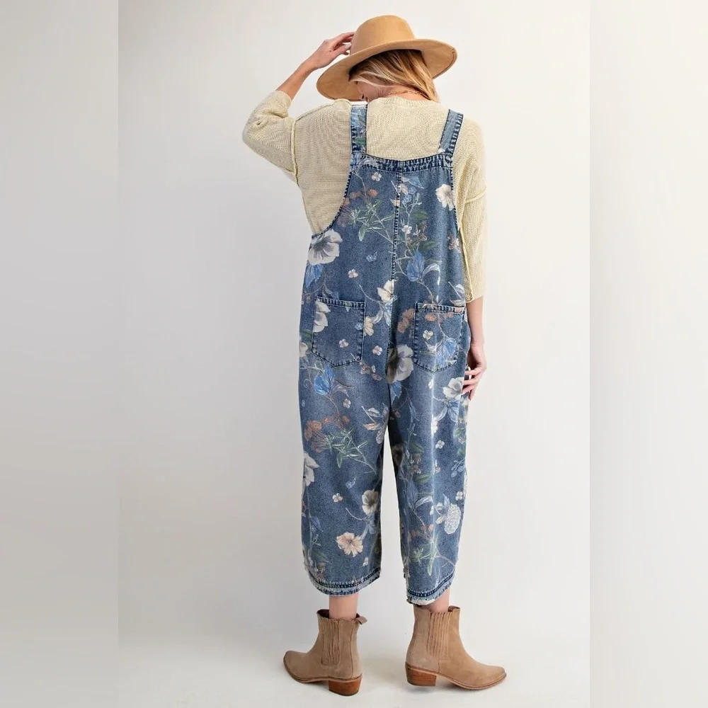 Easel FLOWER PRINTED WASHED DENIM OVERALLS - Picture 2 of 2